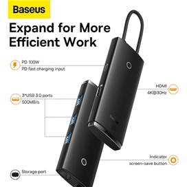 هاب 5 پورت بیسوس Bases Lite Series 5-Port Type-C HUB Docking Station WKQX040001