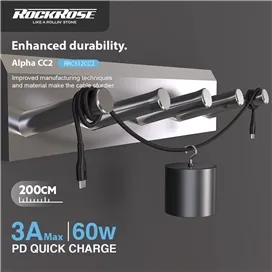 کابل USB-C به USB-C برند راک رز مدل RockRose Alpha CC2 Fast Charge Type-C To Type-C 3A 60W Cable 2m