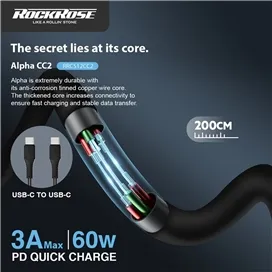 کابل USB-C به USB-C برند راک رز مدل RockRose Alpha CC2 Fast Charge Type-C To Type-C 3A 60W Cable 2m