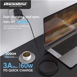 کابل USB-C به USB-C برند راک رز مدل RockRose Alpha CC2 Fast Charge Type-C To Type-C 3A 60W Cable 2m