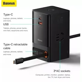 شارژر رومیزی و آداپتور برق سوپر فست شارژ 65 وات با کابل تایپ سی جمع شونده بیسوس Baseus Gan5 Pro Digital Power Strip PSLR000001
