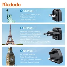 شارژر آداپتور دیواری 3 پورت 65 وات مک دودو مدل MCDODO CH-8442 GAN به همراه کابل 2 متری