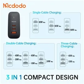 شارژر آداپتور دیواری 3 پورت 65 وات مک دودو مدل MCDODO CH-8442 GAN به همراه کابل 2 متری