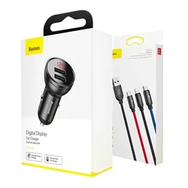 شارژر فندکی دوپورت همراه با کابل سه سر بیسوس Baseus Car Charger Suit Digital Display 4.8A TZCCBX-0G