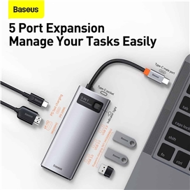 هاب 5 پورت بیسوس Baseus Metal Gleam 5 in 1 Multifunctional Type-C HUB CAHUB-CX0G توان 100 وات