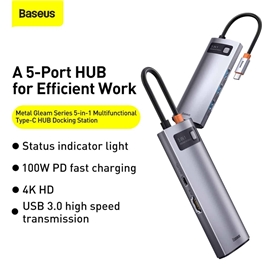 هاب 5 پورت بیسوس Baseus Metal Gleam 5 in 1 Multifunctional Type-C HUB CAHUB-CX0G توان 100 وات