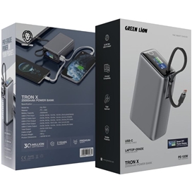 پاوربانک 100 وات 25000 با کابل تایپ سی گرین لاین Green Lion Tron X Power Bank GNTRX25P100GY
